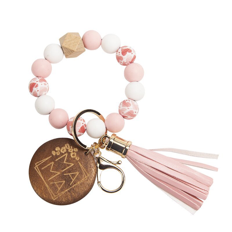 Wholesale Mother's Day Gifts MAMA Wood Chips Pendant Silicone Beads Bracelet Key Chain